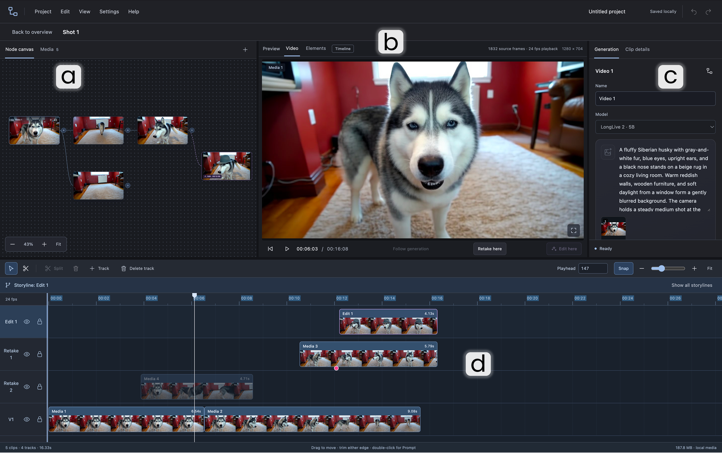 Annotated StreamStudio Shot Editor: (a) Shot Canvas on the left, (b) video Preview in the center, (c) Action Details on the right, and (d) a multi-track Timeline across the bottom.